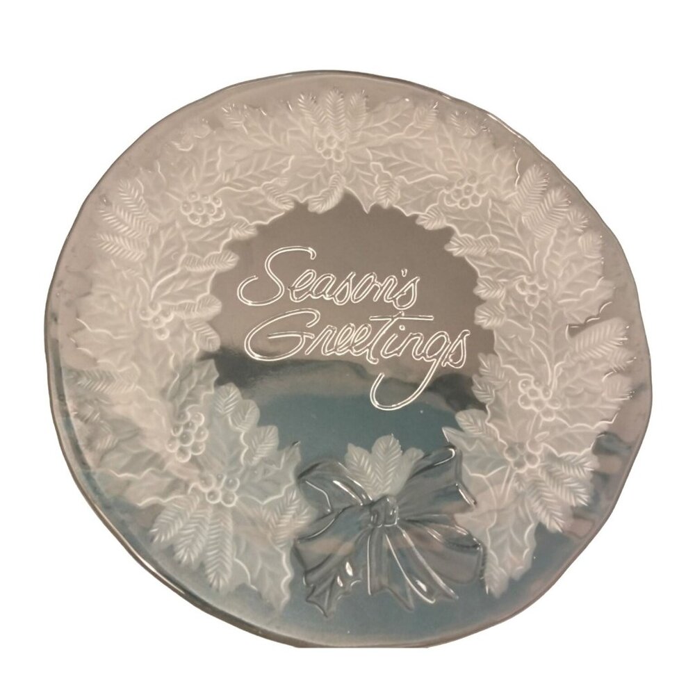 Home Interiors Glass Christmas Platter Frosted Seasons Greetings Wreath 13 in